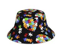 FJQWKLF Cappello da Pescatore Reversibile Riflettente per Uomo e Donna - Pezzi di Puzzle per la consapevolezza 'autismo Cappello da Pescatore Stampato a Cuore per Viaggi Estivi e Spiaggia Nero