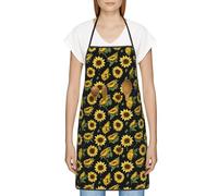 FJQWKLF Grembiule con Tasche per Donna Uomo Grembiule da Server Impermeabile Grembiuli da Cuoco da Cucina per Cottura al Forno - Piante di Fiori in Fiore di Girasole Nero e Giallo