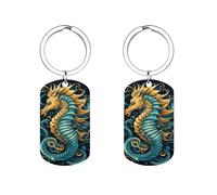 FJQWKLF Portachiavi con motivo a cavalluccio marino blu per uomo e donna, portachiavi in metallo bifacciale, adatti per portafoglio, accessori per chiavi dell'auto
