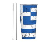FJQWKLF Tazza da viaggio isolata moderna e semplice con bandiera a Grecia retrò con coperchio e tazza di caffè ghiacciato riutilizzabile in acciaio inossidabile con cannuccia bianca