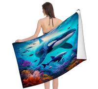 FJQWKLF Telo mare e piscina con motivo squalo e pesce tropicale nell'acqua, telo mare grande morbido e assorbente per il nuoto, lo sport, la spiaggia, la palestra, 32 x 52 pollici