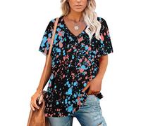 FJQWKLF Top da Donna Fluorescenti al Buio con Schizzi Neon, Scollo a V, Maniche Corte, vestibilità Ampia con Volant, Idea Regalo