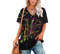 FJQWKLF Top da Donna Fluorescenti al Buio con Schizzi Neon, Scollo a V, Maniche Corte, vestibilità Ampia con Volant, Idea Regalo