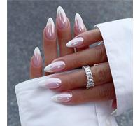 FJSMTOPl French Tip Press On Unghie Medium Mandorla Falso Unghie Premere Ons Con Disegni Cromato Unghie False Lunghe Lucide Copertura Completa Colla Su Unghie Carino Bastone Acrilico Su Unghie Per Le