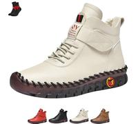 FJZFXKZL Sneakers alte in pelle da donna, stivali da neve, comodi stivaletti in morbido tessuto con tendine di manzo(White,36 EU)