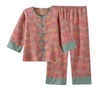 FJZFXKZL Women's Cotton Sleepwear Set For Spring And Autumn Long Sleeve Nine Quarter Pants Buttoned Home Clothes Chinese Printed Pyjamas(L)