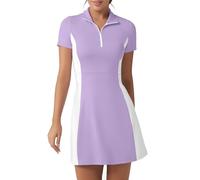 FKEEP Vestito da golf e tennis con pantaloncini da donna con collo a polo atletico allenamento abito da golf casual senza maniche abito a blocchi, Viola chiaro e bianco, S