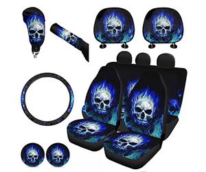 FKELYI Set di coprisedili blu con motivo teschio di fuoco, protezione per sedile interno dell'auto, cuscinetti assorbenti per portabicchieri, coprivolante, copertura del cambio, copertura del freno a