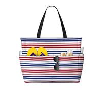 FKGKDF Red Blue White Stripes Print Beach Tote Bag Grande Borsa da viaggio con cerniera e tasche Borsa da palestra leggera