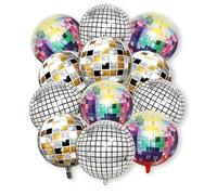 fKiZanthene Set di dodici palloncini a forma di palla da discoteca, quattro palloncini rotondi in lamina per feste, decorazioni per feste, discoteca, feste in casa, luoghi o eventi all'aperto