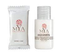 Flacone shampoo da 20 ml 35 pz + Saponetta 9 gr 100pz in bustina Combo doccia-gel e saponetta monouso Linea Cortesia Mya Collection flacone gel doccia + sapone per Hotel, B&B,agriturismi