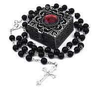 FLAFARY Rosario da 8 mm, rosario cattolico per uomini e donne, viene fornito in una scatola regalo in metallo, collana rosario per prima comunione come regalo (nero)