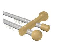 Flairdeco - Asta per Tende, Diametro 20 mm, a 2 Vie, Tipo Sfera, in Alluminio/Legno, Colore Grigio Argento/faggio Laccato, 160 cm