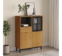 FLAM Credenza con Anta in Vetro in Legno di Pino 92x40x122,5 cm con 4 Maniglie in Plastica, 1 Anta in Vetro, 2 Ante in Legno, 1 Cassetto e Vano a Giorno - Mobiletto Elegante