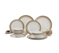 Flamefield Royale - Set da pranzo in melamina, 12 pezzi, colore: bianco e beige, per esterni, yacht e campeggio, elegante set di piatti e ciotole, infrangibile, lavabile in lavastoviglie