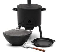 FlameFusion Utschak XL [Set a scelta] - con Kazan 22 L, anelli adattatori, padella in ghisa 41 cm e schiumarola set da cucina outdoor per stufare arrostire plov
