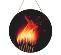 Flames Matches - Cartello rotondo in legno da 30,5 cm, decorazione da parete, cartello rustico da appendere alla porta con corda per casa e fattoria