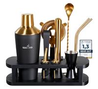 FLAMINGO by Bauer & Launay, set da cocktail in acciaio inox, 11 pezzi, 700 ml, set da cocktail shaker con supporto e accessori per bar, set da cocktail e barista, set da bar, nero e oro
