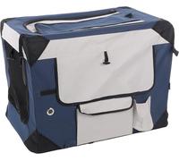 FLAMINGO Gabbia da trasporto Geronimo blu, 52 x 70 x 52 cm, telaio rinforzato e pieghevole, lavabile, fondo rimovibile, tende arrotolabili, 3 tasche e con possibilità di attaccare una borraccia