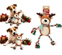 Flamingo Giochi per Cani - Natale Vicente Renna Marrone - Peluche e Corda in Cotone - con Squeaker - per Maggiore Divertimento - 29 x 10 x 35 cm Solo Pezzo