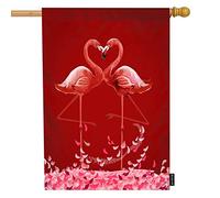 Flamingo Love Heart Welcome House Flag,Uccelli Rosa Tropicali Bacio a Forma di Cuore Petalo Floreale Rosso Grandi Bandiere da Giardino 28x40 Pollici Bandiera da Giardino Banner Portico Bandiere per