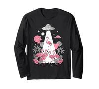 Flamingo UFO Alien Abduction Illustration Sci-Fi Art Graphic Maglia a Manica