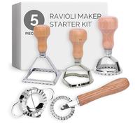 Flanacom Stampo per Ravioli Set 5 Pezzi - Acciaio Inox con Rotella Dentellata e Manici Faggio