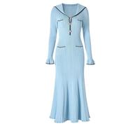 Flare Manica Lunga Lady Wear Mermaid Knits Maxi Vestito per le Donne, Azzurro, S