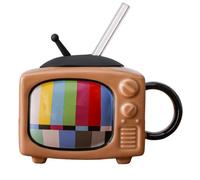Flaroey Set di Tazze da Caffè Quadrate In Ceramica con Cannuccia e Coperchio, Tazza da Tè da Ufficio, TV Retrò - Cioccolato