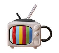 Flaroey Set di Tazze da Caffè Quadrate In Ceramica con Cannuccia e Coperchio, Tazza da Tè da Ufficio, TV Retrò - Grigio