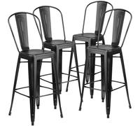 Flash Furniture Blake - Sgabello da Bar in Metallo Nero Invecchiato con Schienale, per Interni ed Esterni, Confezione da 4, 76,2 cm