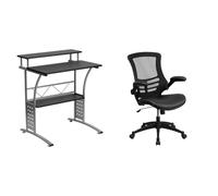 Flash Furniture Scrivania per Computer, Acciaio, Piano Laminato Nero/Telaio Argento, 59.69 x 71.12 x 83.82 cm, Sedia da Ufficio con Rotelle + Sedia Girevole con Schienale in Leathersoft, Nera