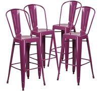 Flash Furniture Set di 4 sgabelli da Bar in Metallo per Interni ed Esterni, Altezza 76,2 cm, con Schienale, Colore Viola