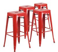 Flash Furniture Set di 4 sgabelli da Bar per Interni ed Esterni, Altezza 76,2 cm, in Metallo, per Interni ed Esterni, con Seduta Quadrata, in Gomma plastica, Colore Rosso, Set da 4