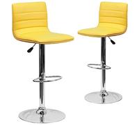 Flash Furniture Moderno Sgabello da Bar in Vinile Regolabile in Altezza con Cuciture Orizzontali, Set di 2, Giallo, 2 Pezzi, 2 unità