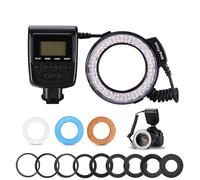 Flash LED Macro Anulare, Display LCD, 48 LED, 4 modalità, 7 Livelli di luminosità, 9 Anelli Adattatori, Diffusori Blu e Arancioni, per Fotocamere DSLR