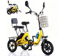 flatpincololee Triciclo Elettrico Pieghevole con Presa di Ricarica e Doppi cestinie e Supporto Smartphone - Batteria 48V 10.4Ah, 20 km/h, Faro LED, Portata 180KG, Adatto per Altezze 160-180CM Yellow