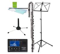 Classic Cantabile FL-100J Flauto Traverso Starter-Set: ottimo per principianti, include testa dritta e curva, leggio, accordatore/metronomo, supporti, custodia e accessori. Argento.