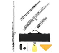flauto traverso Strumento A Fiato Trasversale Per Flauto Da Concerto In Rame Bianco Con Chiave C A 16 Fori Chiusi Con Accessori Per Portachiavi E(Silver)
