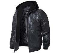 FLAVOR Giacca di Pelle Vera Uomo Moto Cappuccio Staccabile (Nero, XL)