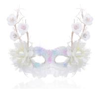 Flayem Maschera da donna veneziana con fiori in pizzo bianco con paillettes luccicanti perle per feste in costume di carnevale