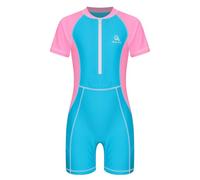 Fldy Costume da Bagno Bambino Bambina Zip Combishort Salopette Estate Surf Spiaggia Nuoto Muta Sub Sport Anti UV Maniche Corte Bodysuit Rosa Blu 9-10 Anni