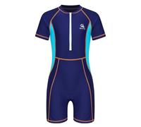 Fldy Costume da Bagno Bambino Bambina Zip Combishort Salopette Estate Surf Spiaggia Nuoto Muta Sub Sport Anti UV Maniche Corte Bodysuit Blu Navy 11-12 Anni