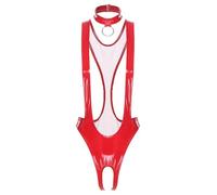 Fldy Donna Corpo Con Collare Rasato Finto Pelle Body Costume Da Bagno Monokini Aperto Cavallo Anello O Intimo Notte Rosso 3XL