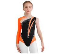 Fldy Justaucorps Ginnastica Balletto Ragazza Abbigliamento Pattinaggio Artistico Manica Lunga Strass Bambino Body Danza Latino Moderno Classico Arancia 9-10 anni