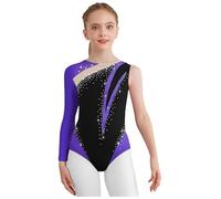Fldy Justaucorps Ginnastica Balletto Ragazza Abbigliamento Pattinaggio Artistico Manica Lunga Strass Bambino Body Danza Latino Moderno Classico Viola 11-12 anni
