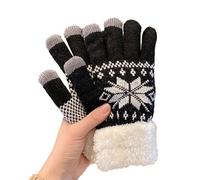 Fleece Lined Thermal Touchscreen Gloves, Women's Knit Warm gloves, Snow Flower and Elk Pattern, for Cold Winter (Snown-Black)