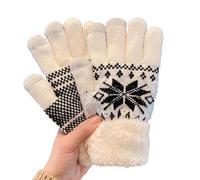 Fleece Lined Thermal Touchscreen Gloves, Women's Knit Warm gloves, Snow Flower and Elk Pattern, for Cold Winter (Snow-White)