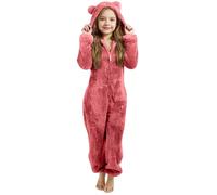 Fleece Overall Onesie Kinder Mädchen Jungen Einteiler Schlafanzug mit Kapuze und Reißverschluss Einfarbig Pigiama Weich Bequem Warm Plüsch Jumpsuit Kuschelig Schlafoverall Kinder Von 2-14 Jahre, rosso