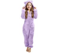 Fleece Overall Onesie Kinder Mädchen Jungen Einteiler Schlafanzug mit Kapuze und Reißverschluss Einfarbig Pigiama Weich Bequem Warm Plüsch Jumpsuit Kuschelig Schlafoverall Kinder Von 2-14 Jahre, Viola